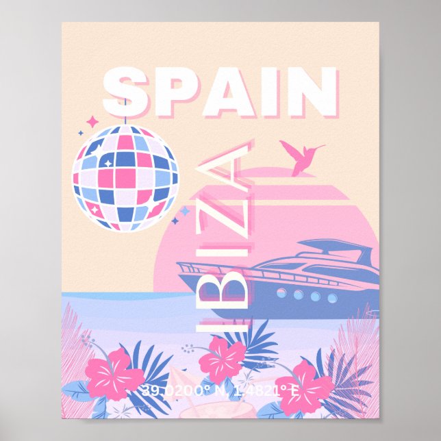 Poster Ibiza, Espanha, Arte Viagem, Arte de Papoila, Rosa (Frente)