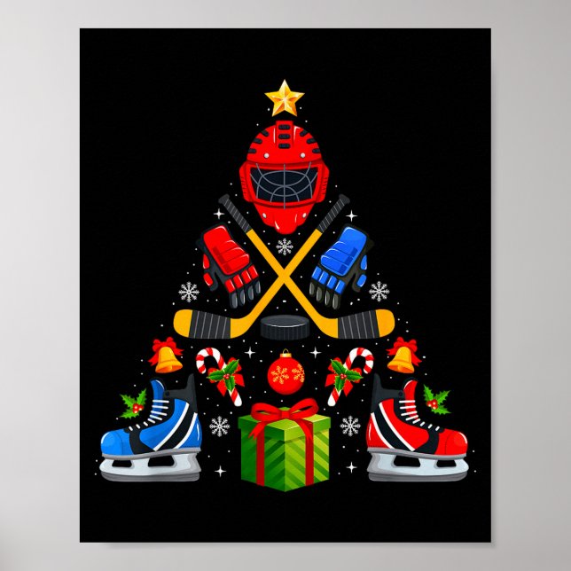 Poster Ice Hockey Christmas Tree Lights Red Santa Hat Xma (Frente)