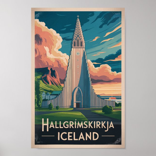 Poster Iceland Hallgrimskirkja Illustration Travel Art (Frente)