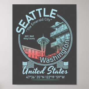 POSTER ÍCONE DA CIDADE DO SEATTLE - VINTAGEM DE WASHINGTO