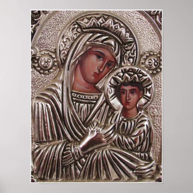 Poster Ícone Mãe e Filho, Madona e Jesus em prata (Frente)