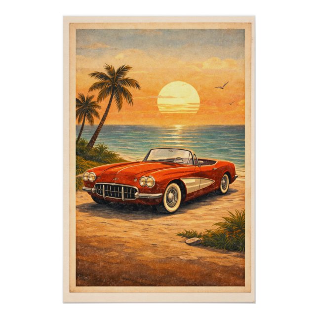 Póster Iconic Red Convertible Beach Sunset Retro Travel  (Frente)