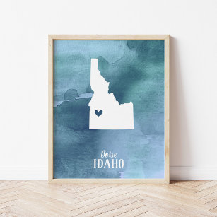 Póster Idaho Map Blue Watercolor Personalizado Art Impres