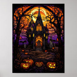 Poster Igreja Assustadora de Halloween na Floresta Vidro