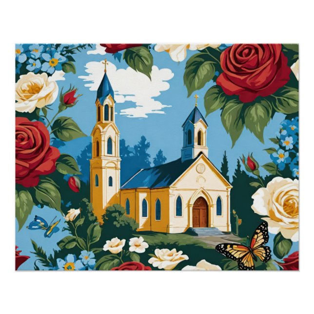 Póster Igreja Com Rosas E Borboleta (Frente)