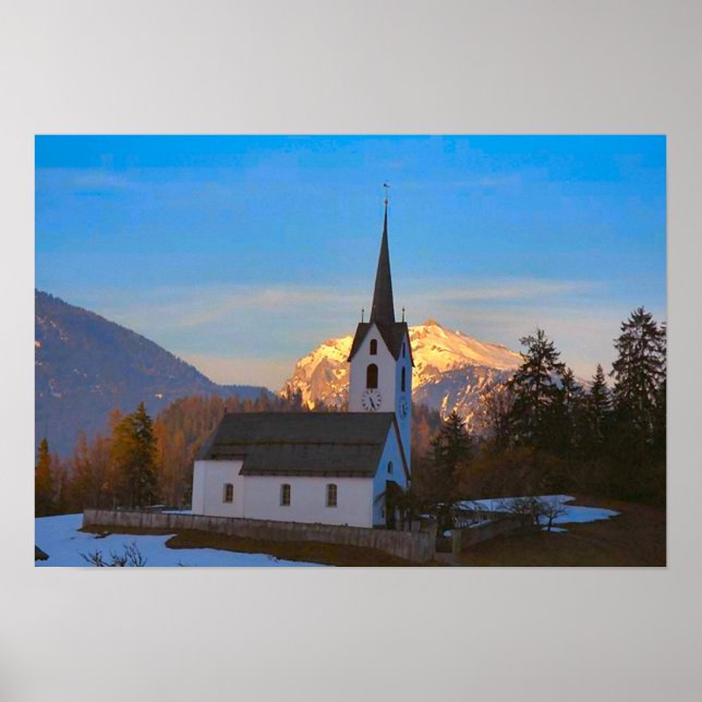 Póster Igreja da aldeia nas montanhas (Frente)