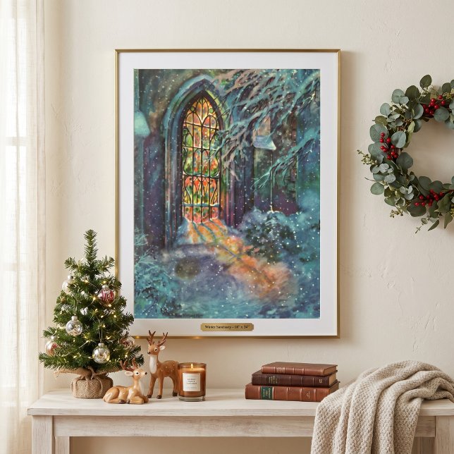 Poster Igreja de Natal Vintage com Vitral (Vintage illustration religious Christmas design featuring a church stained glass window with snow.)