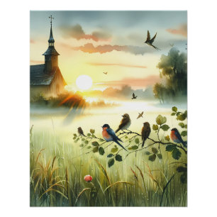 Póster Igreja do Nascer do Sol com Pássaros em Prado Nebu