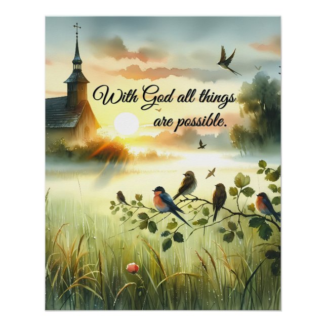 Póster Igreja do Sol Nascente com Pássaros em Prado Nebul (Frente)