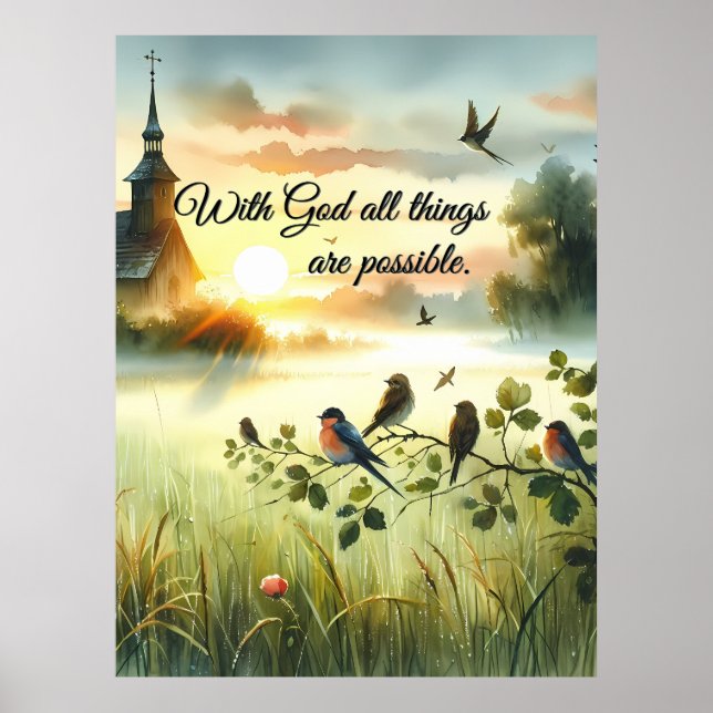 Poster Igreja do Sol Nascente com Pássaros em Prado Nebul (Frente)