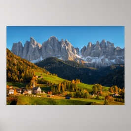 Poster Igreja e aldeia com paisagem montanhosa