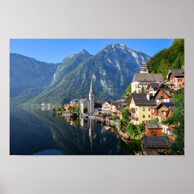 Poster Igreja e aldeia de Hallstatt, Áustria com Alpes (Frente)