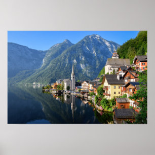 Poster Igreja e vila de Hallstatt, Áustria com Alpes