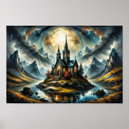 Poster Igreja sonhadora numa montanha à beira de um lago 