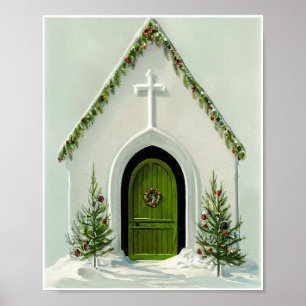 Poster Igreja Vintage Coberta de Neve no Natal