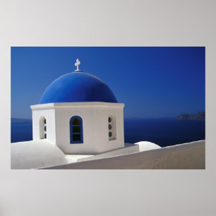 Poster Igreja Whitewashed com abóbada azul, Santorini