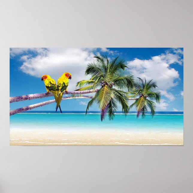 Poster Ilha Bonita (Two yellow parrots with orange heads perched on a palm tree branch.)