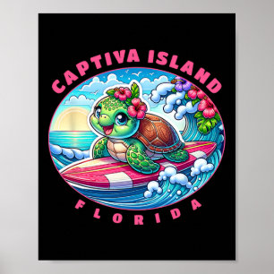 Poster Ilha Captiva Flórida Garota Surfista Fofa Tartarug