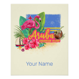 Póster Ilha Caribe Aruba com Flamingo Vintage