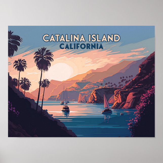 Poster Ilha Catalina California Boats Sunset Retro (Frente)
