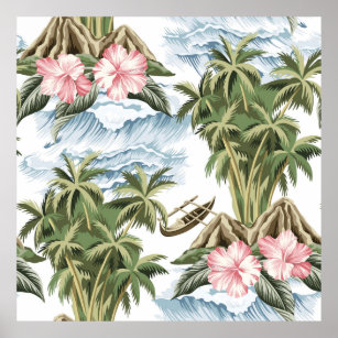 Poster Ilha de colheita havaiana, palmeira, barco, rosa