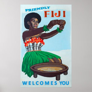 Poster Ilha de Fiji, mulher nativa com boa vinda