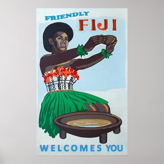 Poster Ilha Fiji, mulher nativa com as boas vindas tradic (Frente)
