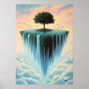 Poster Ilha Flutuante com Árvore e Cachoeiras – Surreal