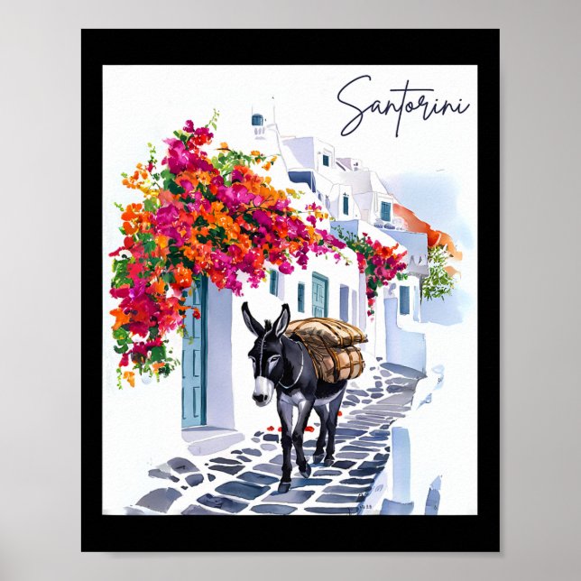Poster Ilha Grega Santorini Donkey Em Grego Tradicional (Frente)