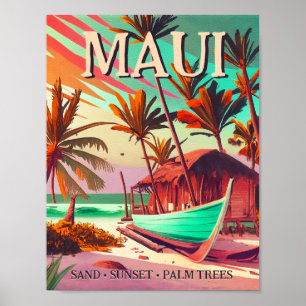 Poster Ilha Maui Palmeira tropical do Havaí anos 60