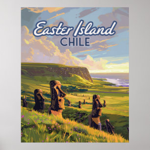 Poster Ilha páscoa Chile Moai Rapa Nui Polinésia Retro