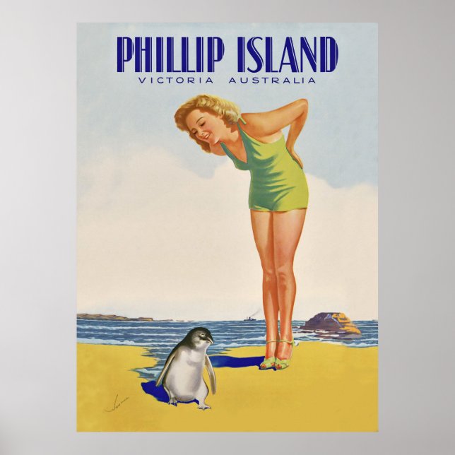 Poster Ilha Philip, Austrália, menina com pinguim (Frente)