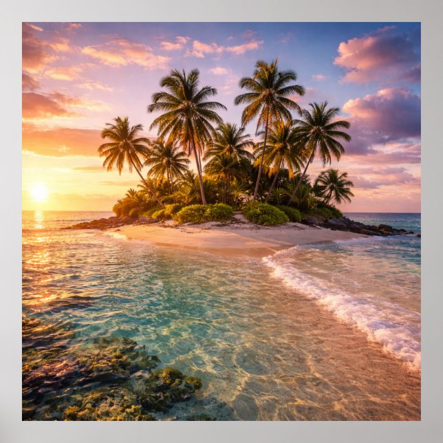 Poster Ilha Tropical ao Pôr do Sol (Frente)
