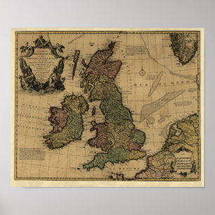 Póster Ilhas Britanniques de Les, mapa 1700's -