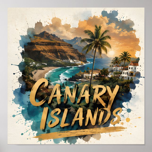 Poster Ilhas Canárias Aquarela Fuga da Costa Tropical (Frente)