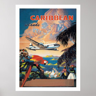 Poster Ilhas Caribes por avião, companhia aérea vintage