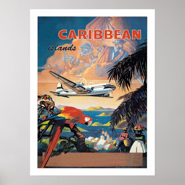 Poster Ilhas do Caribe de avião, companhia aérea antiga (Frente)