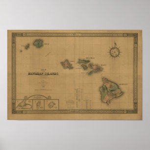 Poster Ilhas Havaianas, 1876, Mapa Vintage do Havaí