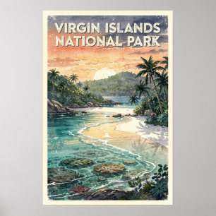 Poster Ilhas Virgens Parque Nacional aquarela retrô