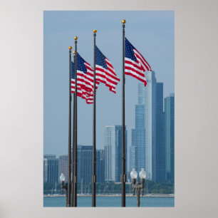 Póster Illinois, Chicago. Navy Pier, bandeiras dos EUA ha