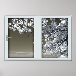 Poster Illusão da janela do Ominoso White Tree Blossoms F
