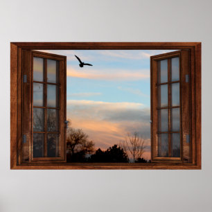 Poster Illusão da Janela Inclinada Escura das Aves Voado