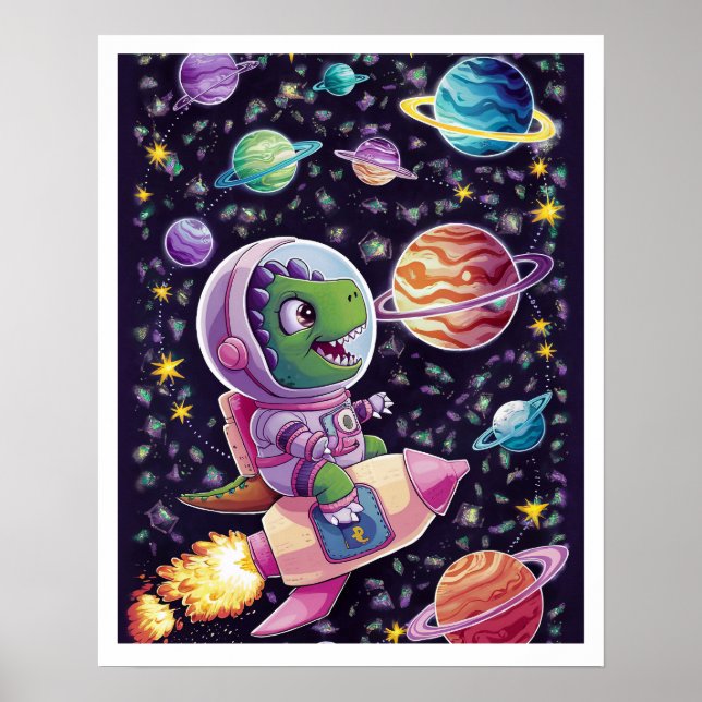 Poster Illustration Dinosaure naviguant dans l'Espace (Frente)