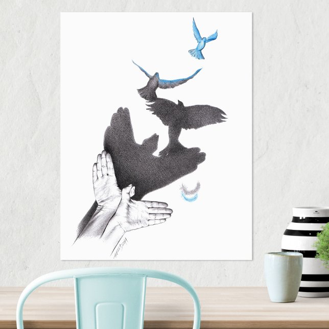 Poster Ilusão de sombras de mãos Pássaros voando Arte sur (Criador carregado)