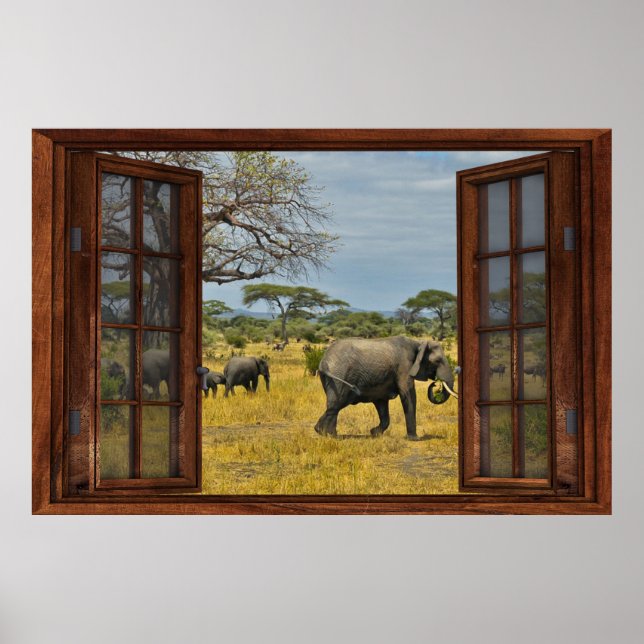 Poster Ilusão falsa da janela - Elefantes africanos (Frente)