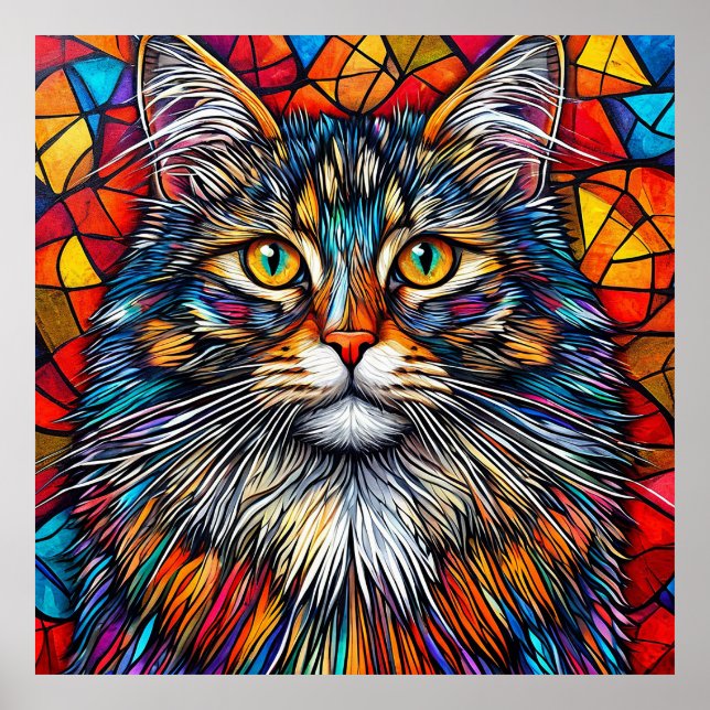 Poster Ilustração Abstrata de Gato Vibrante (Frente)