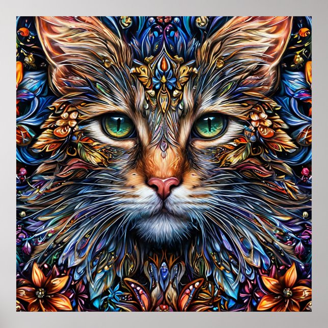 Poster Ilustração Abstrata de Gato Vibrante (Frente)