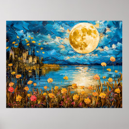Poster Ilustração abstrata em aquarela da lua cheia refle