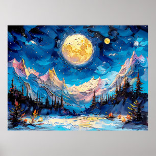 Poster Ilustração abstrata em aquarela da lua cheia sobre