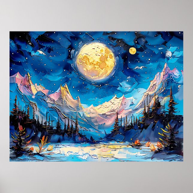 Poster Ilustração abstrata em aquarela da lua cheia sobre (Frente)